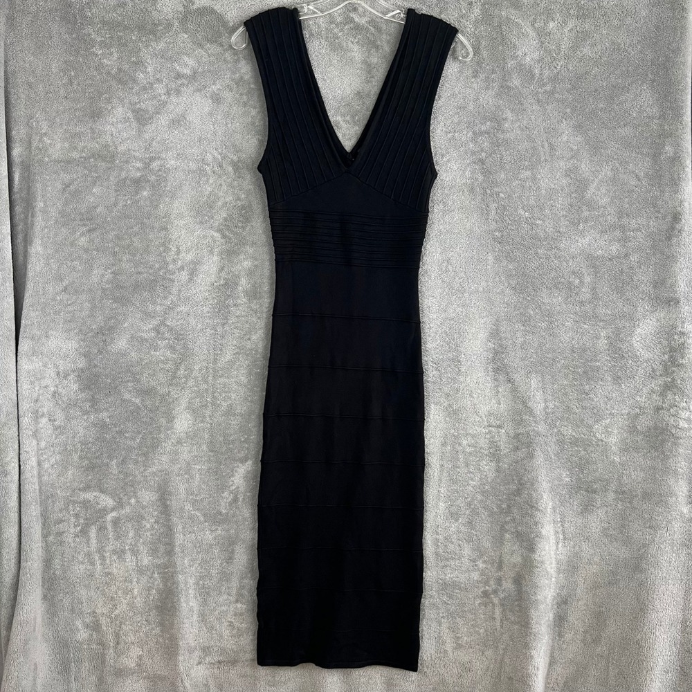Vintage Y2K Bebe Bodycon Maxi Dress Womens S Black Fitted Cap Sleeves